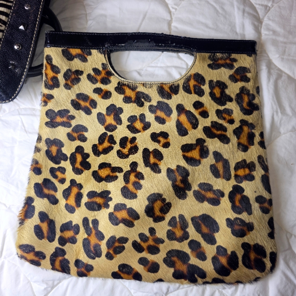 Nordstrom Haircalf Leopard Print Tote Patent‎ Leather Cutout Handle Bag Italy